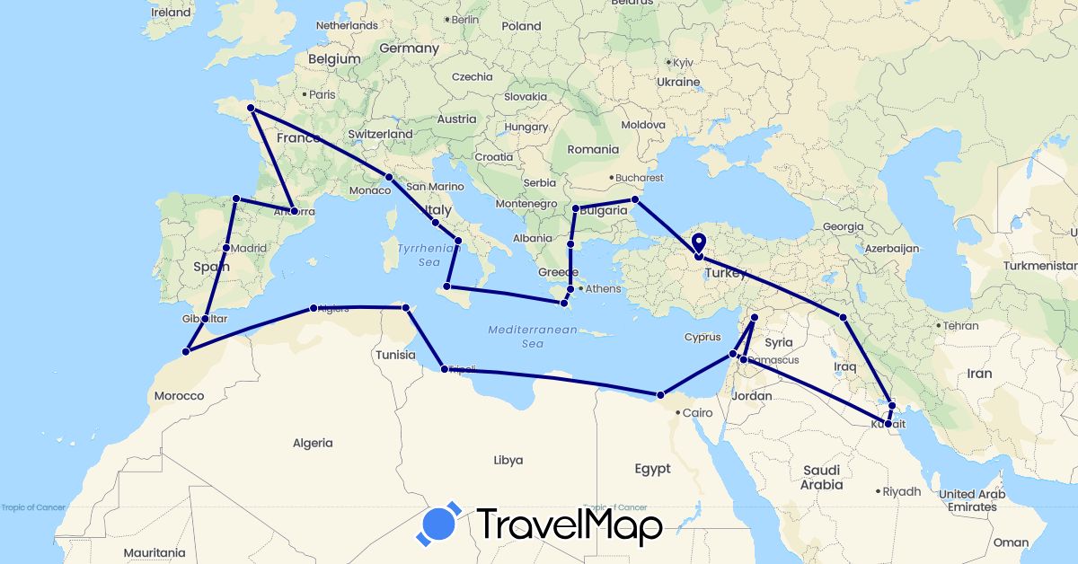 TravelMap itinerary: driving in Andorra, Bulgaria, Algeria, Egypt, Spain, France, Gibraltar, Greece, Iraq, Italy, Kuwait, Lebanon, Libya, Morocco, Syria, Tunisia, Turkey (Africa, Asia, Europe)